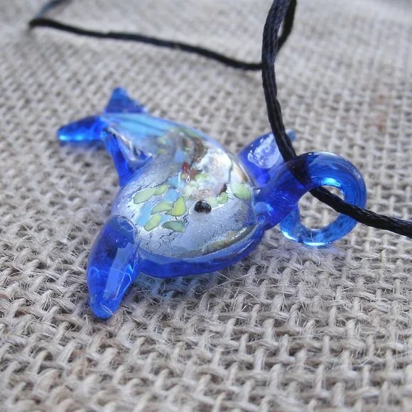Murano Glass Blue Dolphin Pendant Necklace - Picture 7 of 15